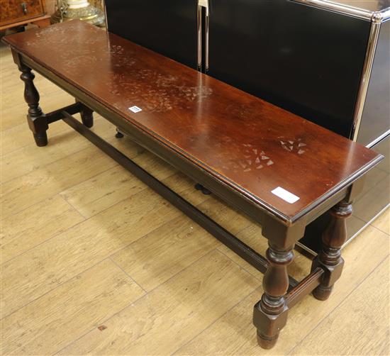 A 17th century style mahogany bench, W.136cm